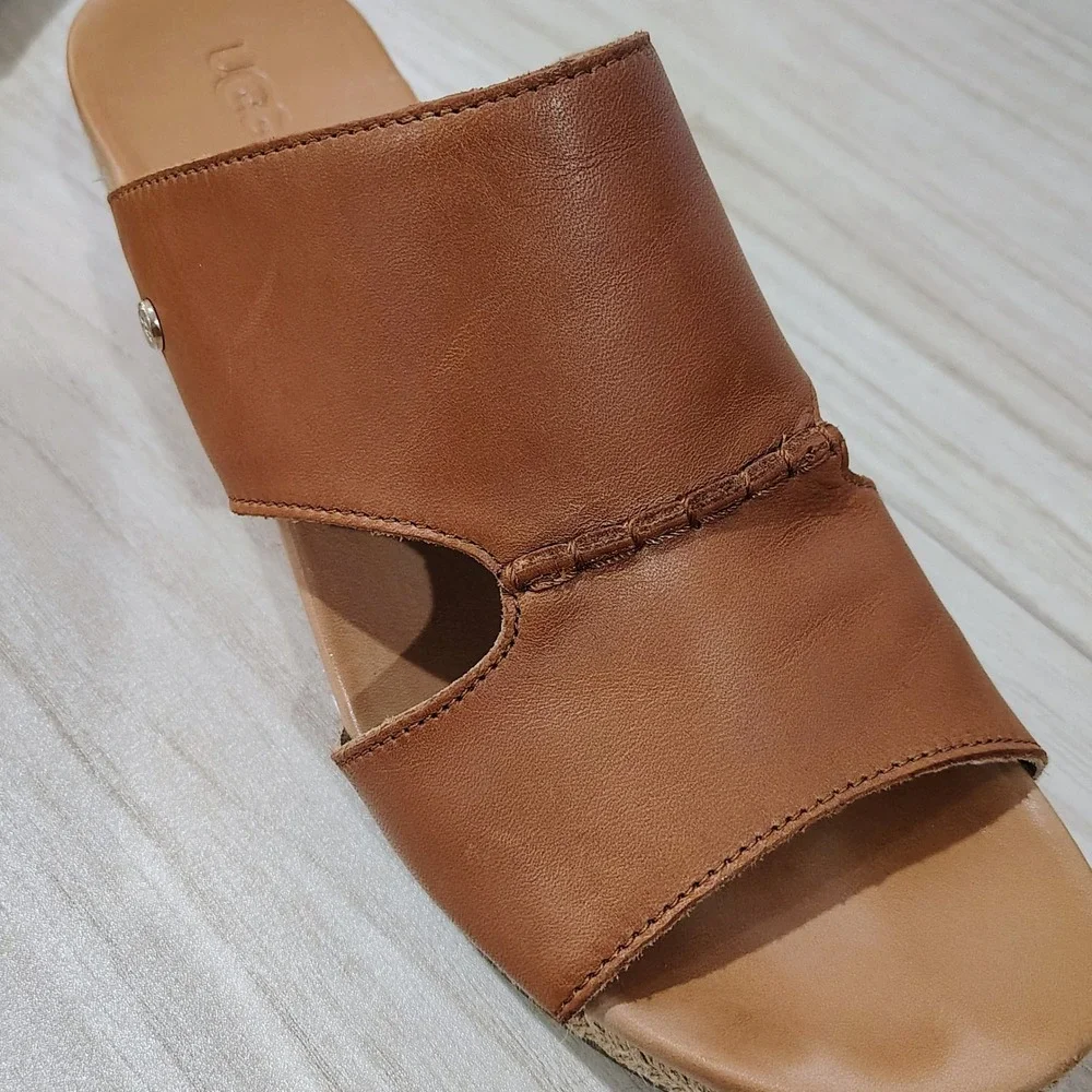UGG Eirene Espadrille Wedge Sandals Women 10 Brown Leather Jute Boho Chic Resort